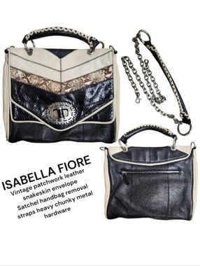 Vintage Isabella Fiore Leather Snakeskin Wool Patchwork Satchel Detachable Chain